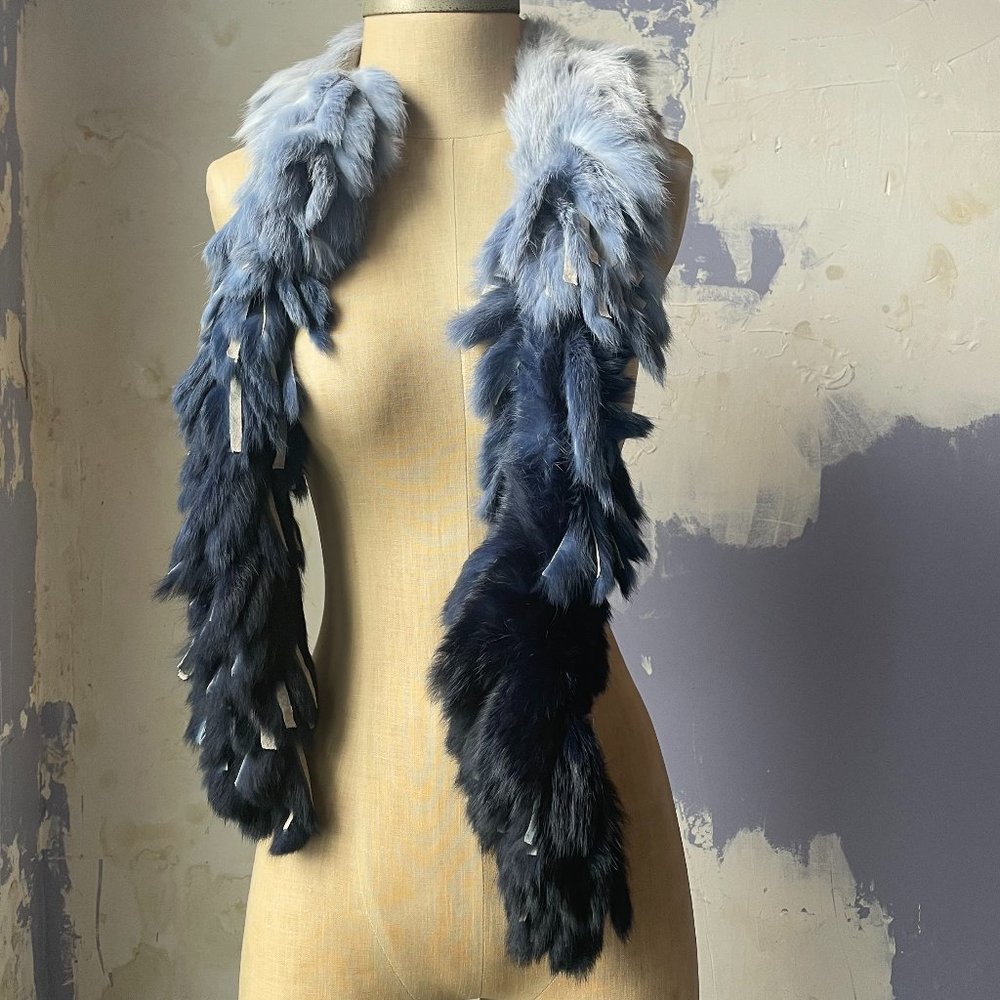 Genuine Rabbit Fur Fringe Blue Ombre Scarf/Stole/Boa